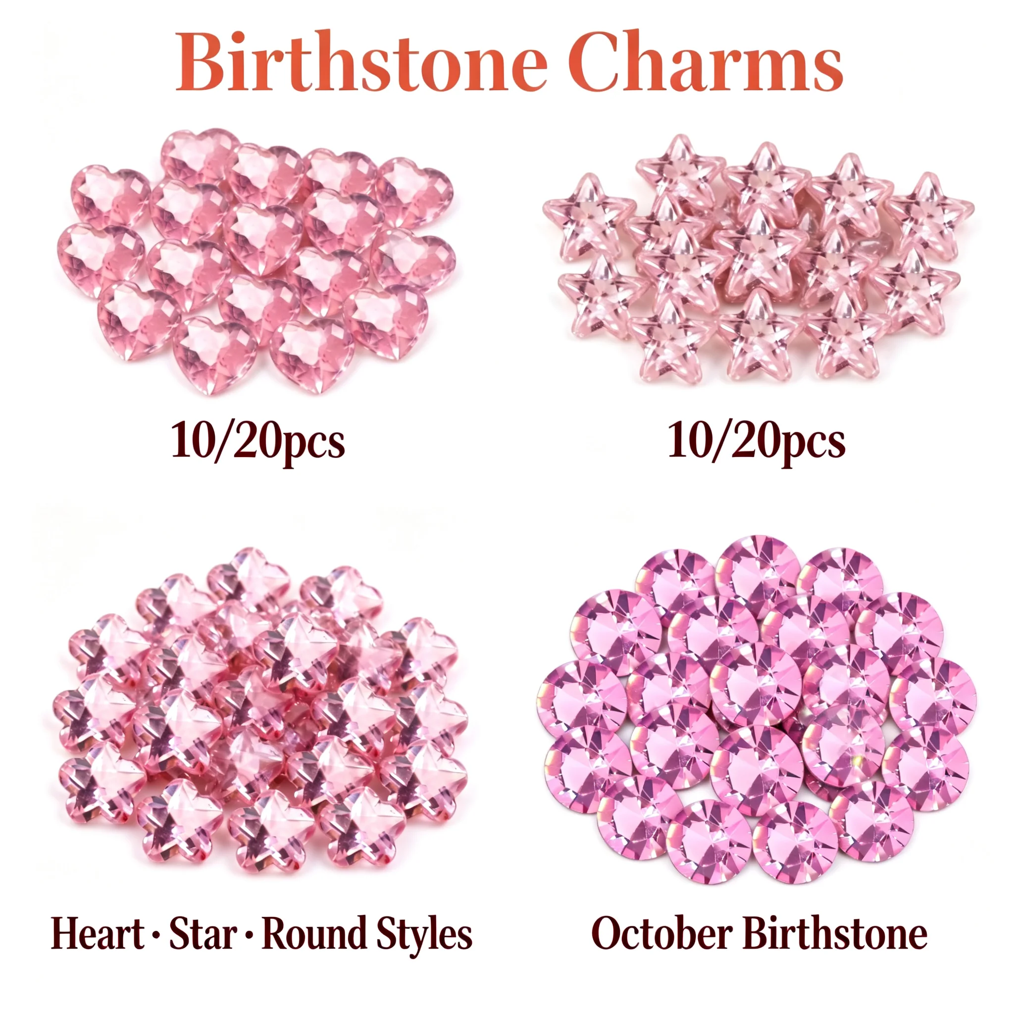 10/20 pieces of October birthstone heart-shaped pentagram glass DIY jewelry, suitable for floating glass pendant necklaces