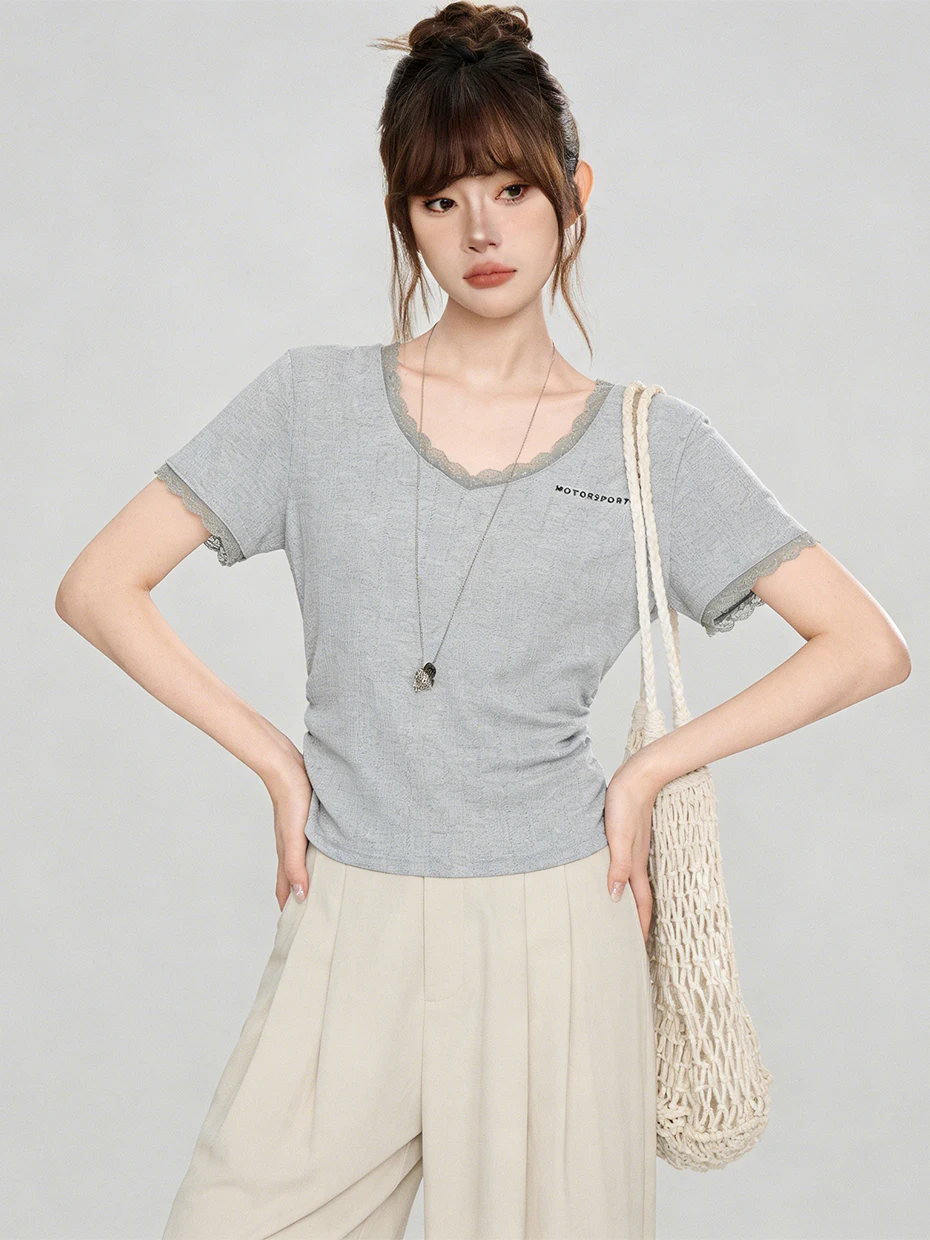 

French Style Lace V-Neck Drawstring Waist Short Sleeve T-Shirt Women's Summer New Inner Wear Small Top Fashionable Versa...