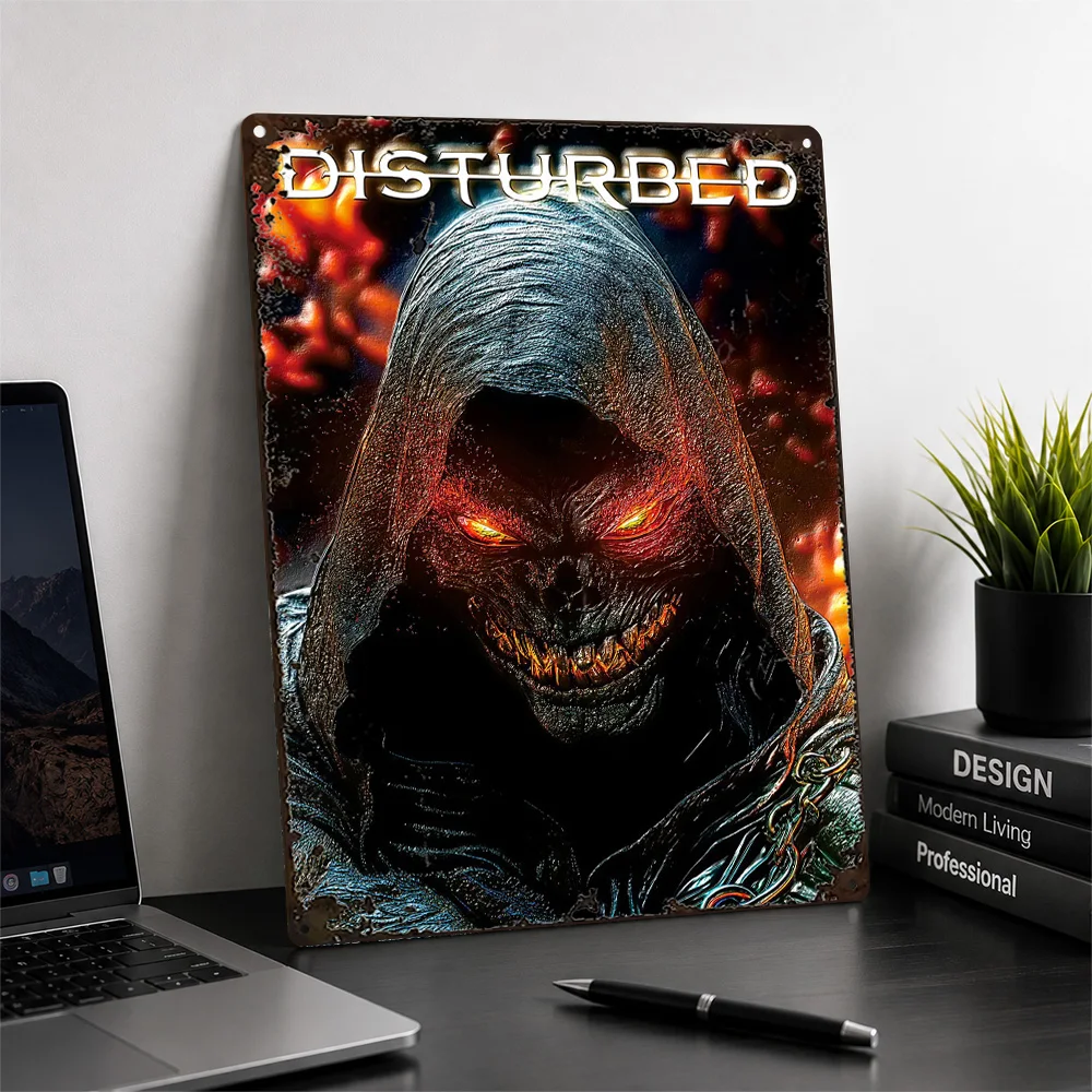 Disturbed Hooded Figure Printed Poster Graphic Wall Art For Music Studio Personalized Aluminum Metal Sign Concertgoer Gift Idea