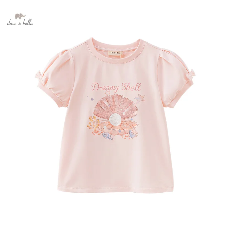 Dave Bella 2024 New Summer Girl\'s Baby T-Shirt Children Thin Top Cotton Short Sleeves Bow Charm Sweet Fashion Casual DK2240324