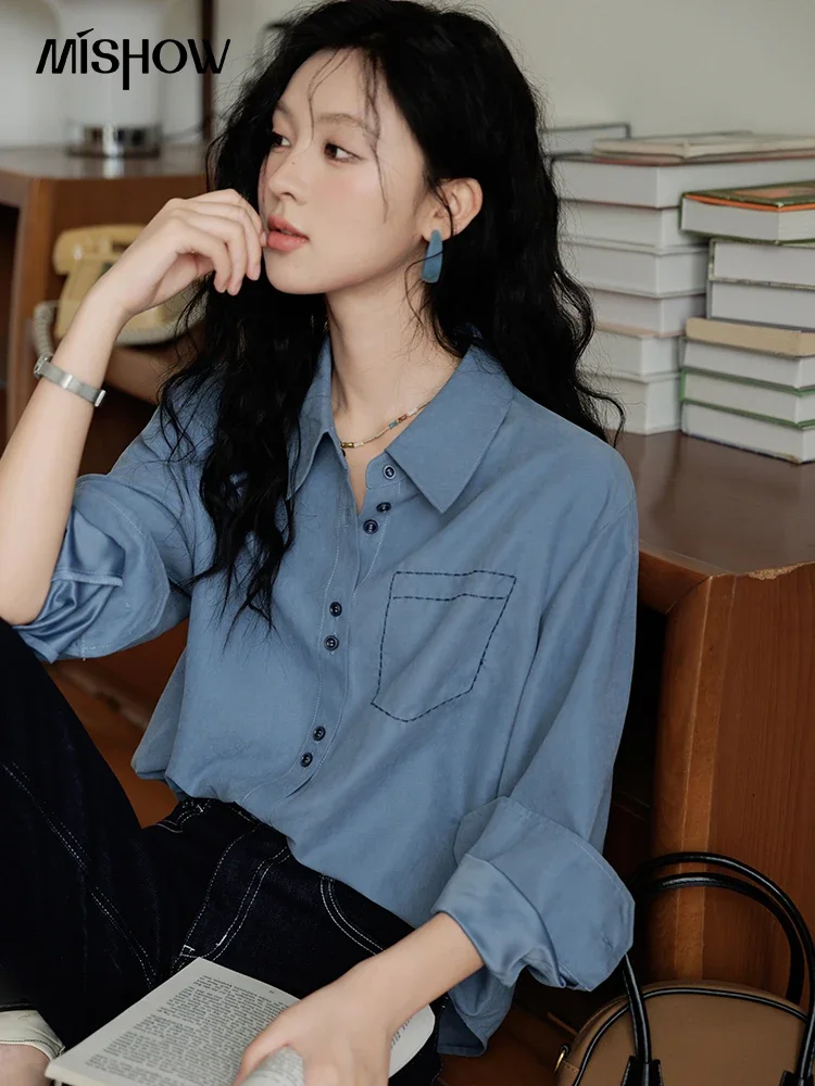 MISHOW Women Blue Long Sleeve Shirt French Lapel Shirts 2024 Spring Autumn Korean Commuter Slim Blouse Casual Tops MXD44C0323