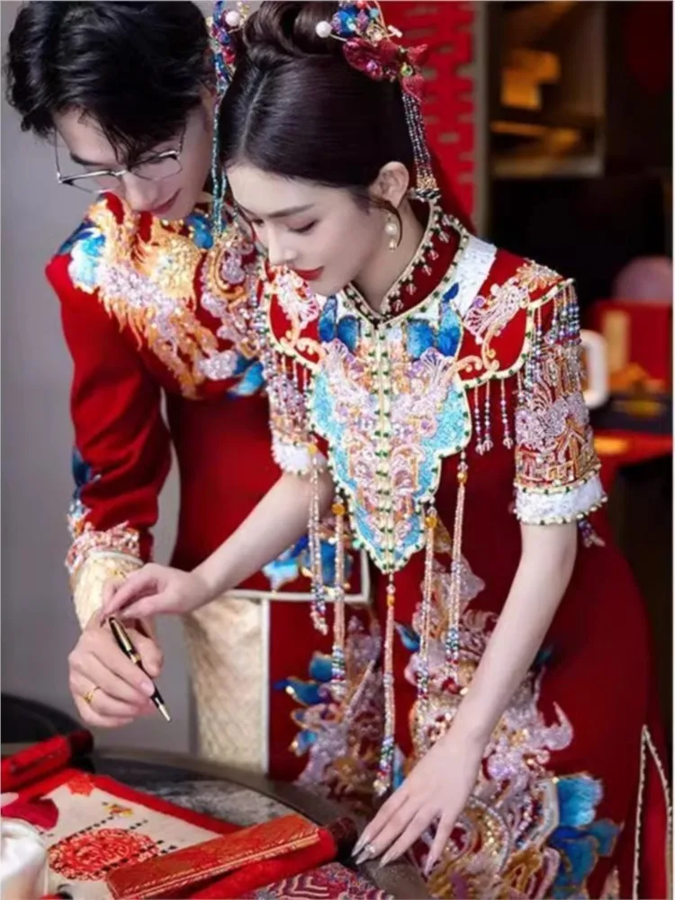 New Chinese-style casual wear mid-length short-sleeved cheongsam wedding dress for toasting