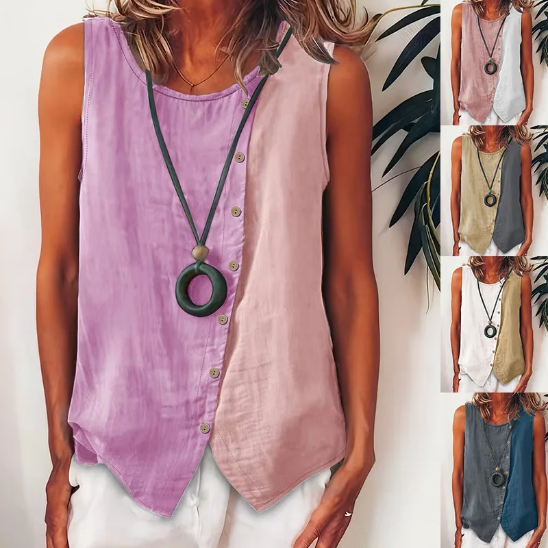 

2026 European and American New Women's Leisure Color-block Sleeveless Button Shirt with Side Single Row Buttons, Round Neck, Loo