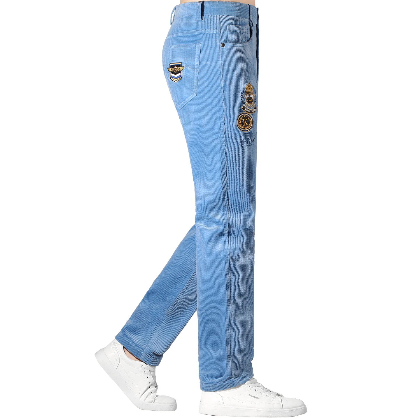 Pantaloni da uomo addensati ricamati di tendenza invernale Bruce & Shark Pantaloni larghi in vita a gamba dritta in velluto a coste azzurro per uomo di grandi dimensioni