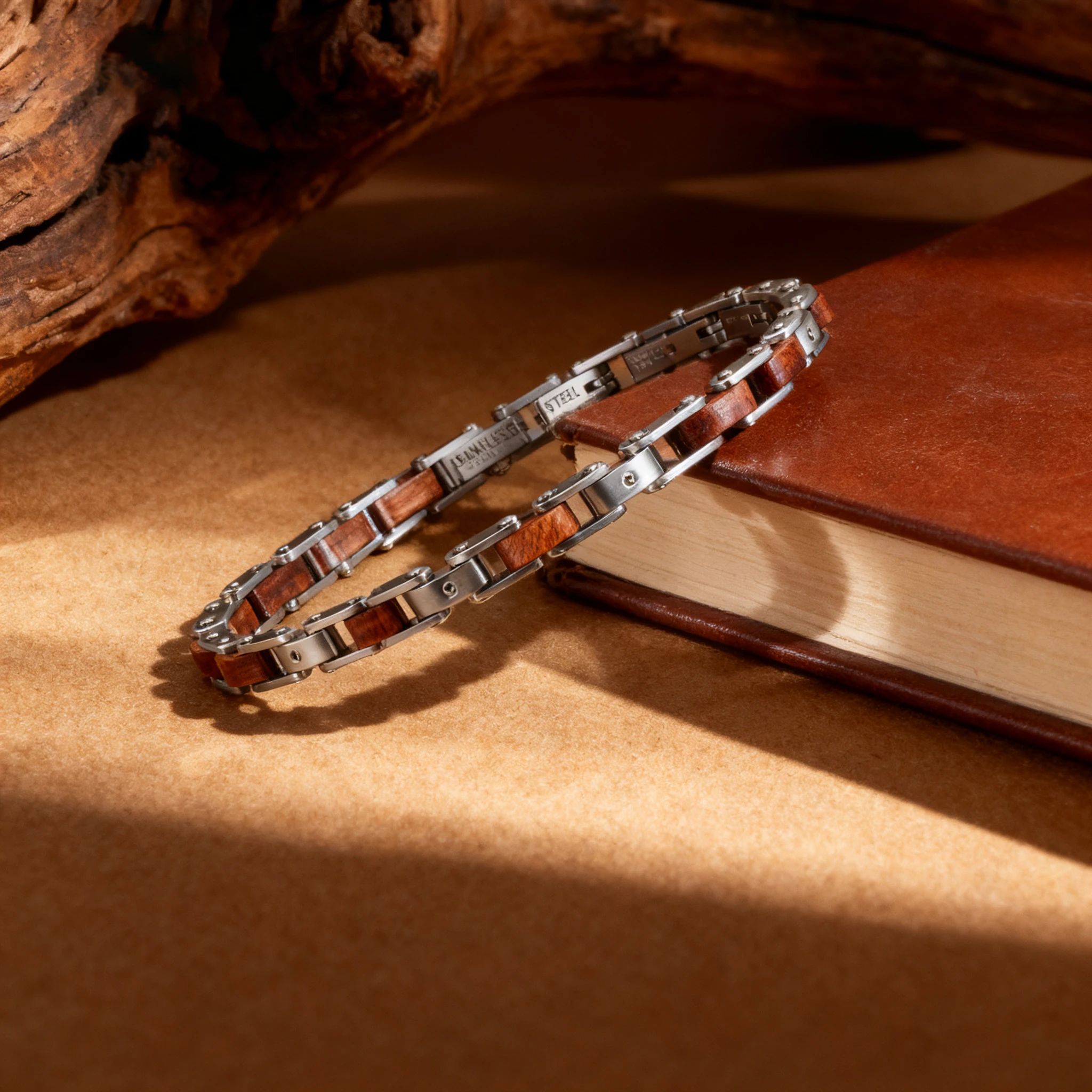 Runda Men's Wooden Bracelet 22cm Adjustable Stainless Steel Link Chain Handmade Natural Fashion Accessory - Image 5