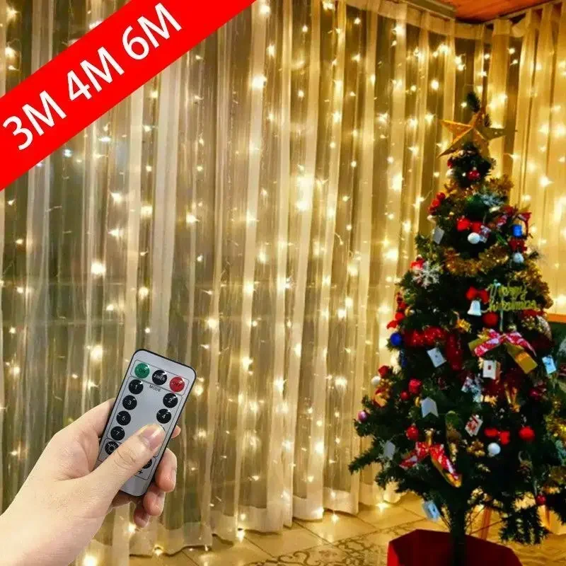 LED Fairy String Curtain Light 3/4/6M Christmas Lights 8 Mode Remote USB Festoon Christmas Decor For Home Holiday New Year Lamp