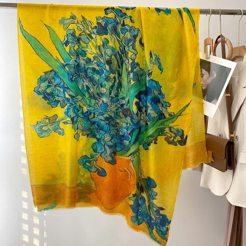 High-end Elegant Women Fine Oil Painting Iris Flower Print Quality Water Soluble Wool Handmade Fringe Soft Warm Long Scarf Shawl