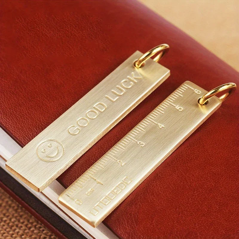 1pc Thickened Miniature 2.36inch Pure Brass Metal Ruler With Keychain And Number Plate Pendant Happy Face Design