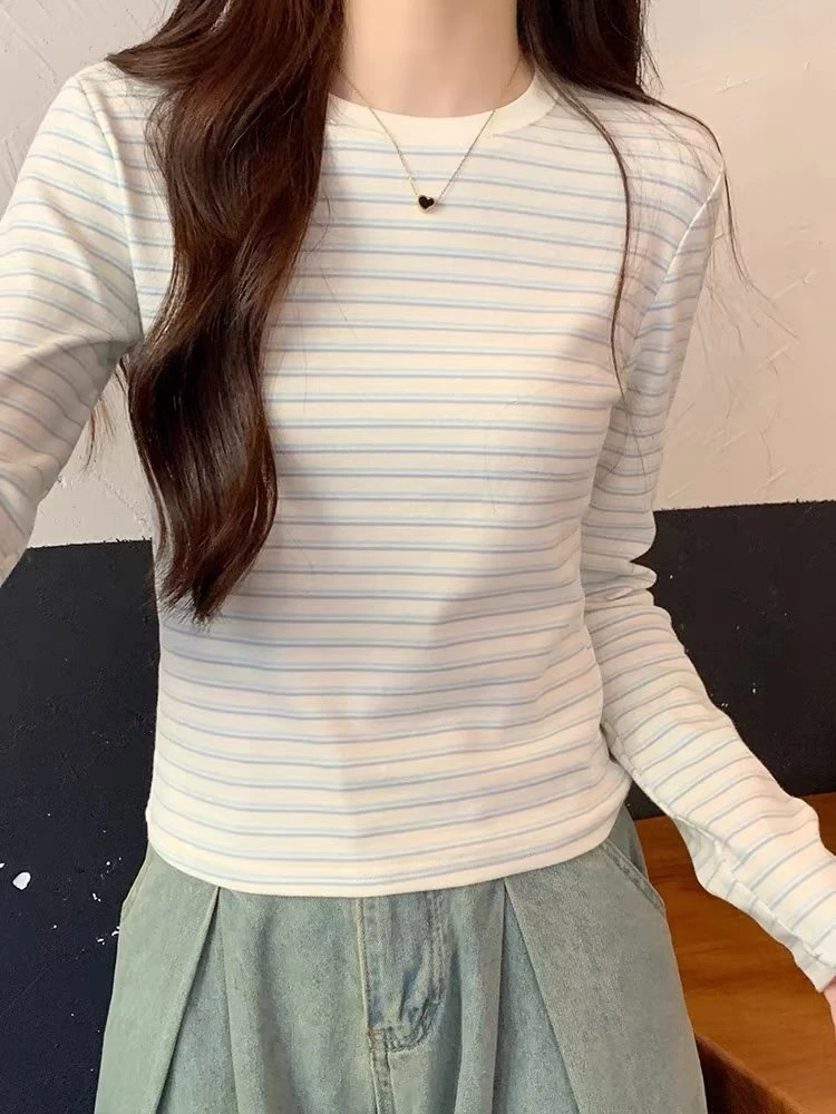 Elegant Women Striped O-Neck Tees 2023 Autumn Fashion Ladies Casual Long Sleeve Tees Sweet Female Chic Regulai Fit Tops