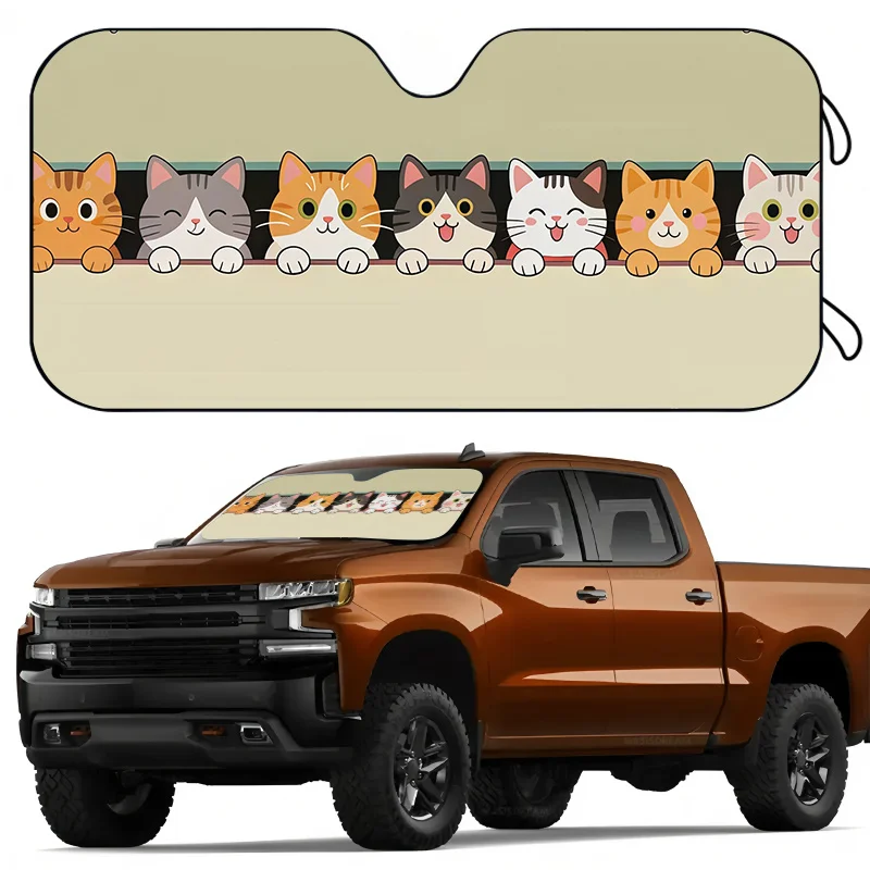 1pc. A Car Sun Visor With A Row Of Kitten Designs. This Protective Sun Visor Keeps Your Car Cool. It Features Easy Suction Cup I