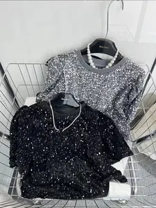 2023 Summer New Korean Style Black Top Women Heavy Industry Sequin Short Sleeve Women's T-shirt Fashion Round Neck Crop Top