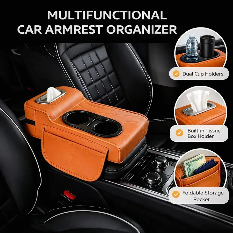 Car Center Console Storage Box Armrest Box Cushion Pad with Dual Cup Holder Tissue Box Storage Organizer Accessories