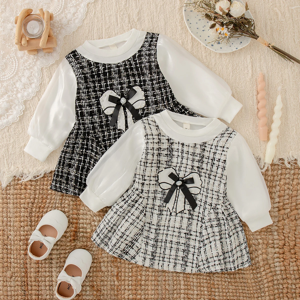 

Girls Elegant Outfit For Birthday Photoshoots Pearl Bow Plaid Long Sleeved Dress Toddler Girl Spring Autumn Korean Style Dress