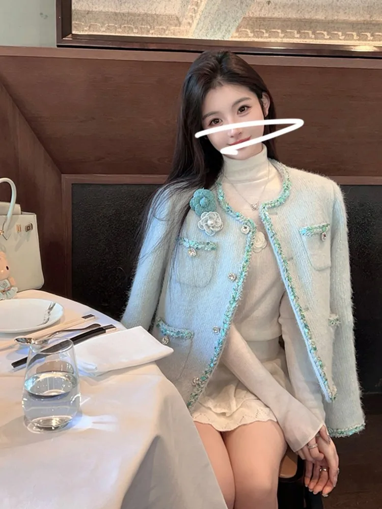 Sweet Ladies O Neck Appliques Flower Short Jacket Women Multi-pocket Elegant Coat Slim Sequins Single Breasted Jackets Outerwear