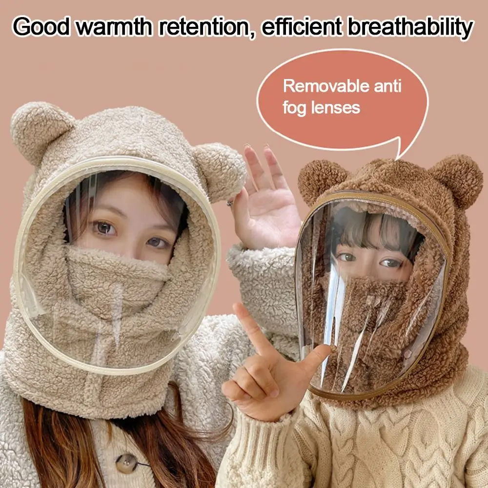 

Plush Cartoon Bear Warm Neck Ear Cap Cold Proof Thicken Windproof Hat Ear Protection with Removable Mask