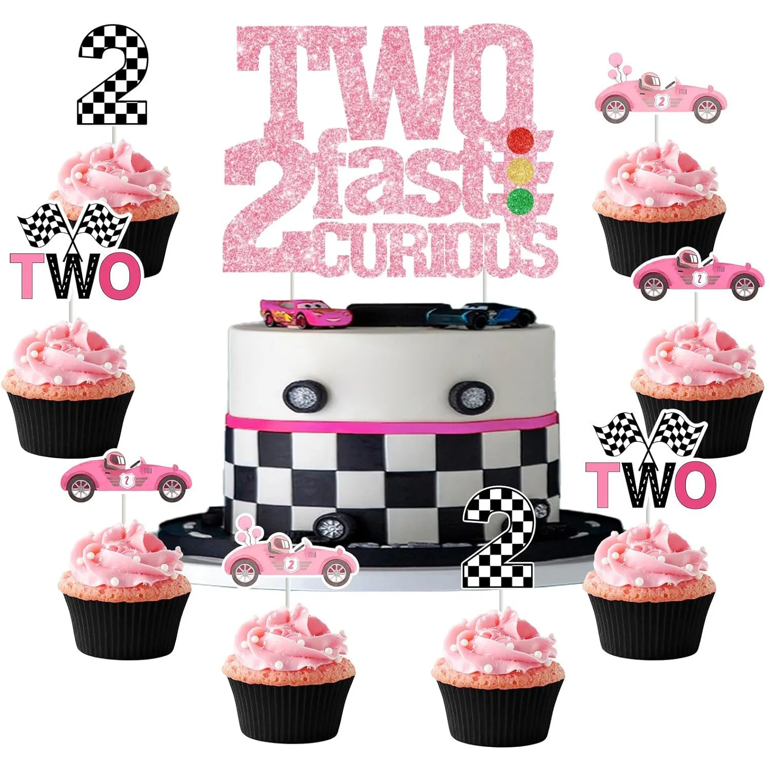 

Pink Race Car 2nd Birthday Decorations 25Pcs Two Fast Two Curious Cake Cupcake Toppers Girl Racing 2nd Birthday Party Supplies