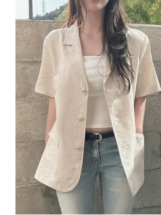 

Korean Style Short Sleeve Suit Jacket Women's Thin Loose Casual Design Sensation Small Western Clothes High-End Feeling Top