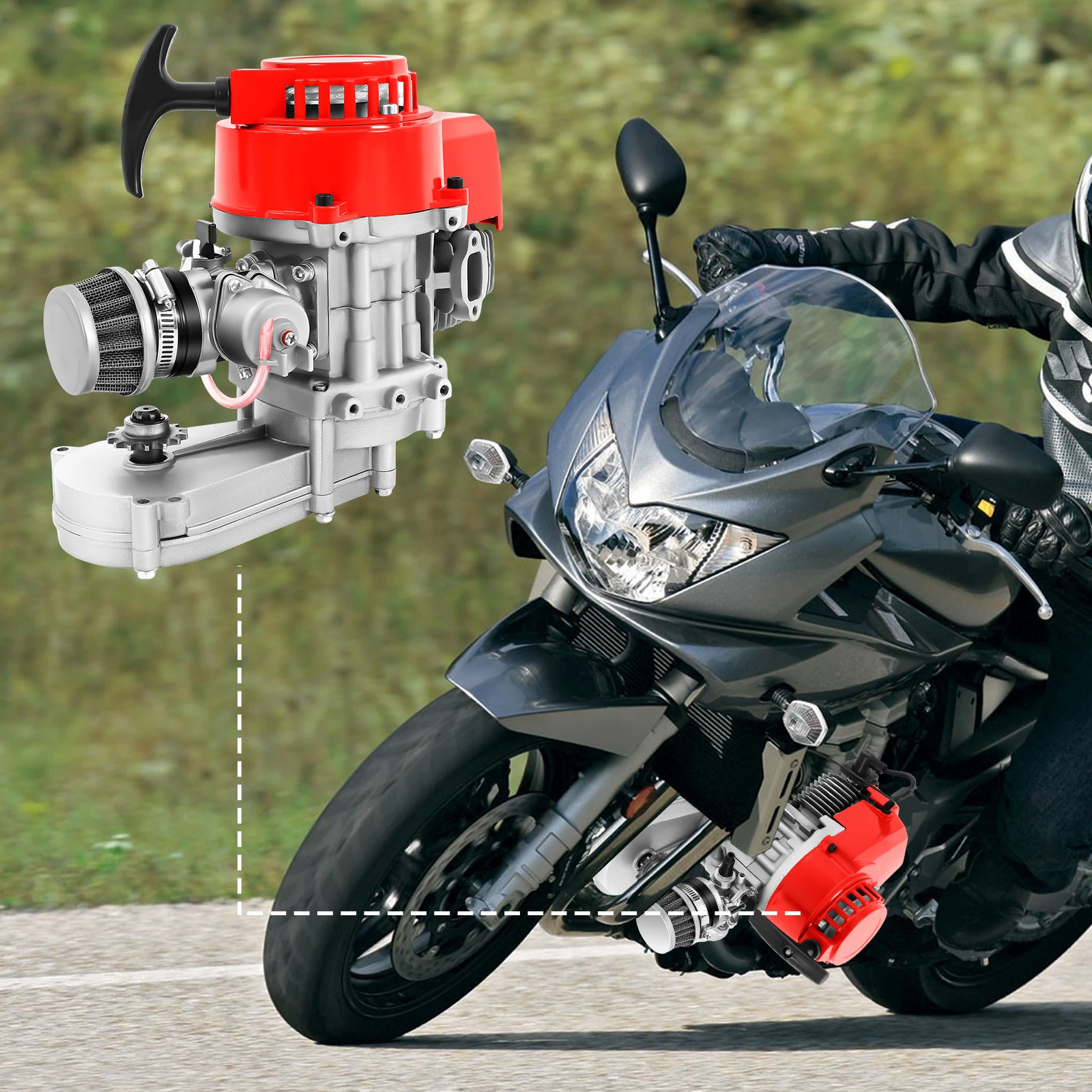 

49cc Two-stroke Engine Dirtbike Motor Single Cylinder Pull Rope Start Motor Air-cooled Aluminium Mini Engine 26*21.8*14.5cm