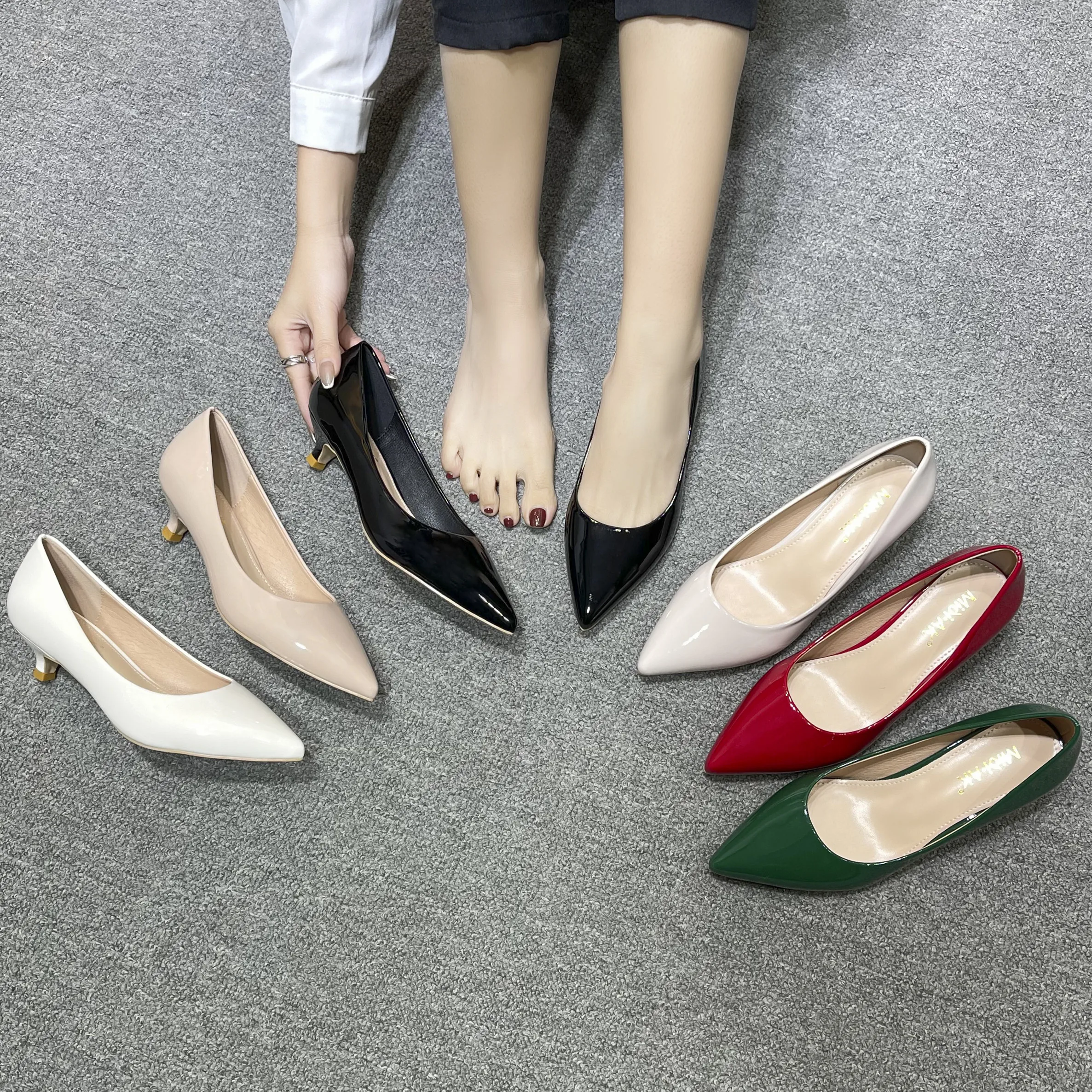 Large Size New Women Pointed Toe Green Pumps Med High Heels Candy Color Casual Office Lady OL Party Dress Shoes For Female E0006