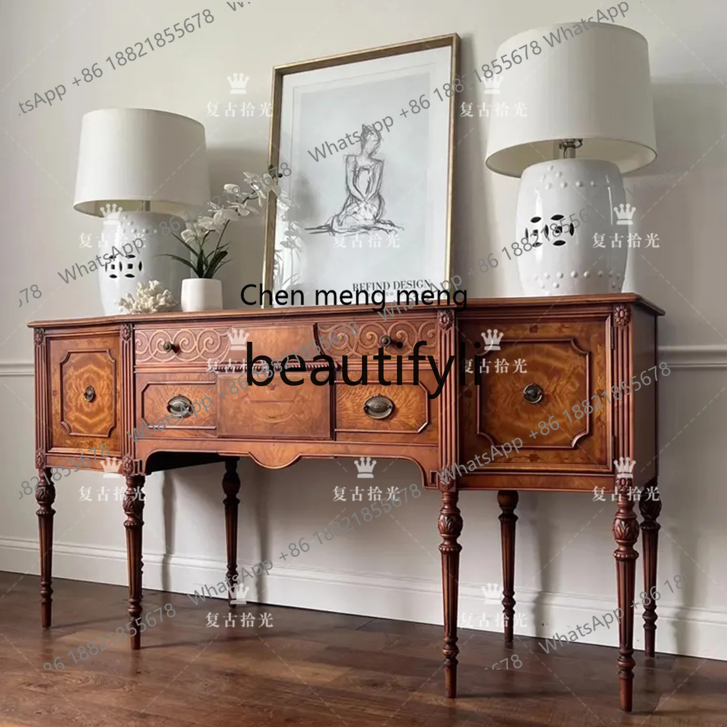 French retro solid wood carving flower porch cabinet living room decorative cabinet foyer locker birch
