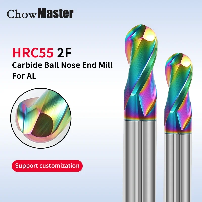 2 Flute HRC55 Colorful Ball Carbide Milling Cutter 50-150mm Length Aluminum Ball Nose Tungsten Steel End Mill