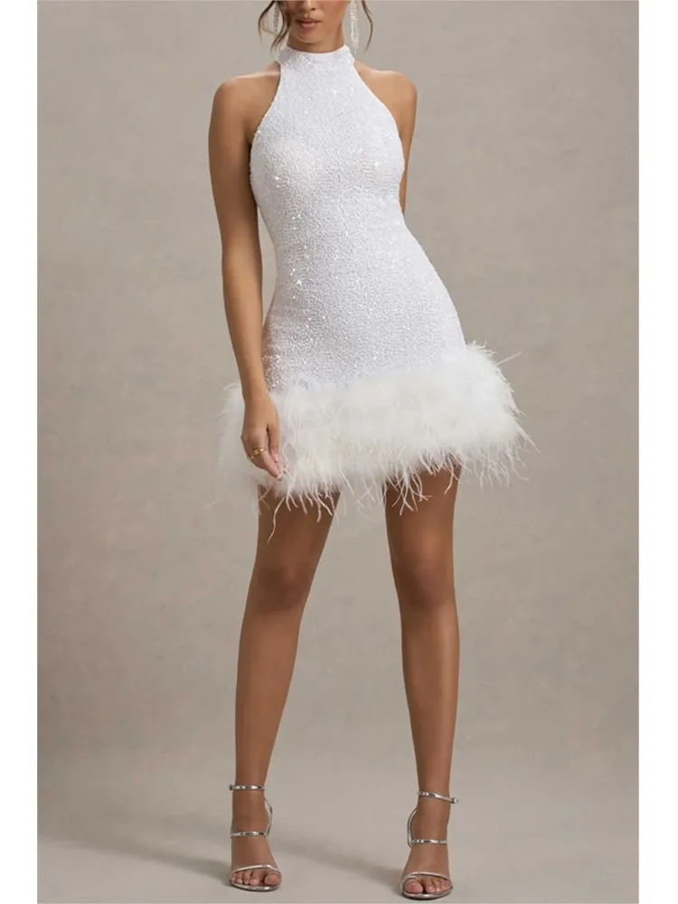 

Sexy Halterneck Sleeveless Dress For Women Fashionable Spring Summer Slim Sequined Stitching Plush Party Dresses For Women