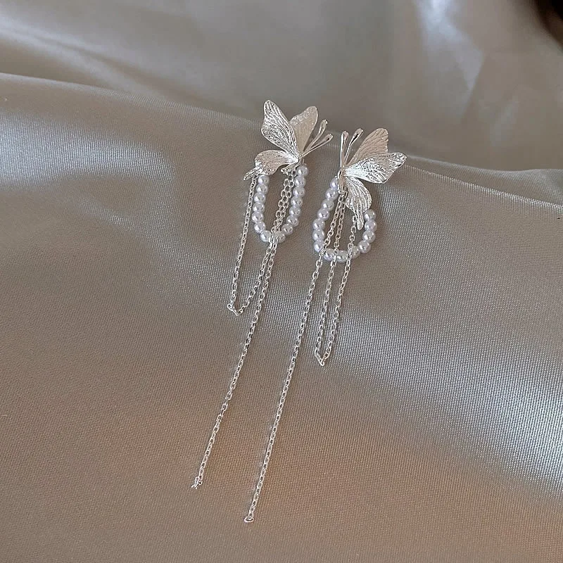 New Silver Textured Butterfly Pearl Tassel Stud Earrings Women Designed Niche New Style Unique Pretty Fashion Ear Jewelry Gift