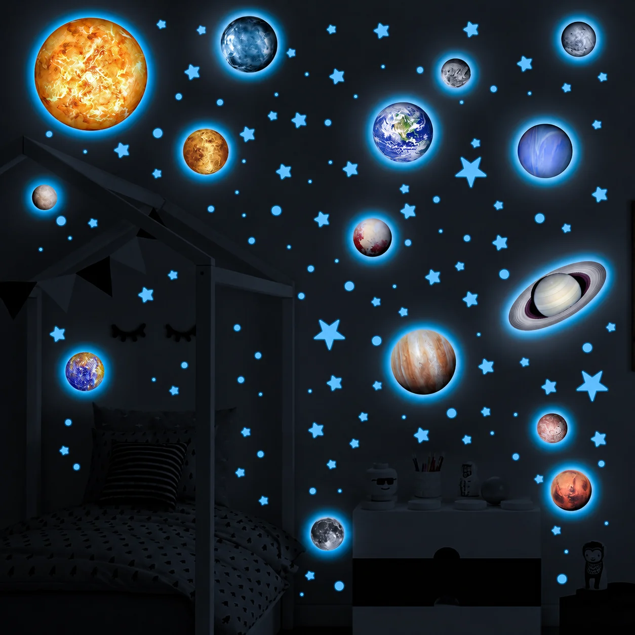Pvc Solar System Glow In The Dark Wall Stickers With 15 Celestial Decals, 742 Stars And Dots For Kids Bedroom Decor