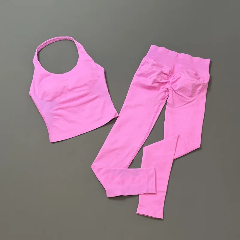 2 Pcs Gym Set Women Seamless Breathable Halter Top Yoga Suit Tummy Control Butt Lifting Leggings Workout Running Fitness Sets