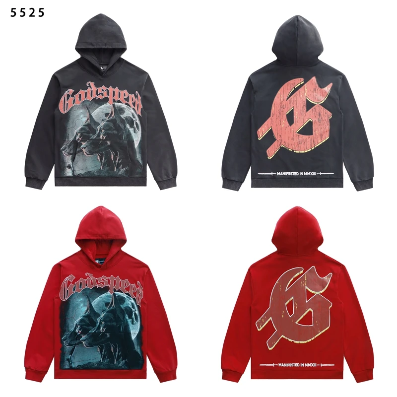 

Godspeed Dog Head Print Waed out Logo High Street Свободная толстовка с капюшоном Ранняя осень Модная брендовая мужская повседневная толстовка