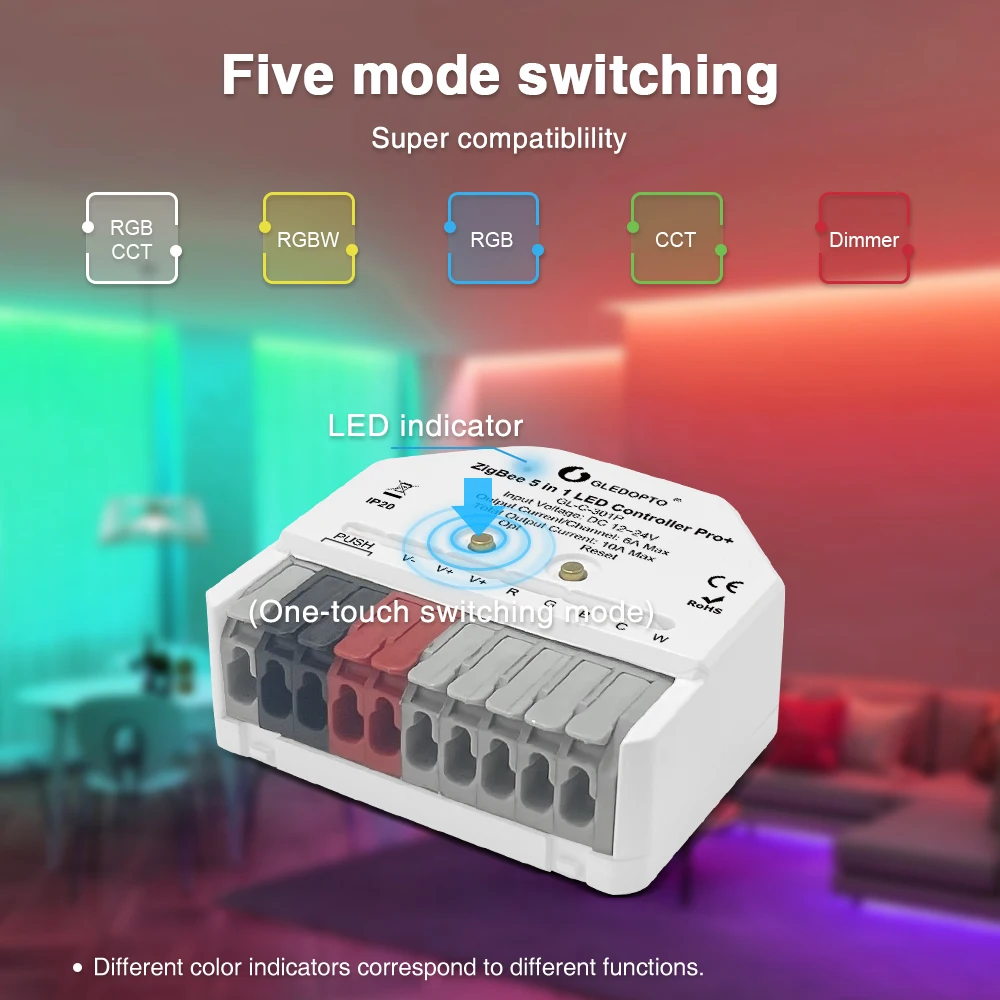 GLEDOPTO ZigBee 3.0 Pro+ Ultra Mini 5 in 1 LED Strip Controller DC12-24V RGB CCT WWCW App Alexa Voice Control ZigBee2mqtt Conbee