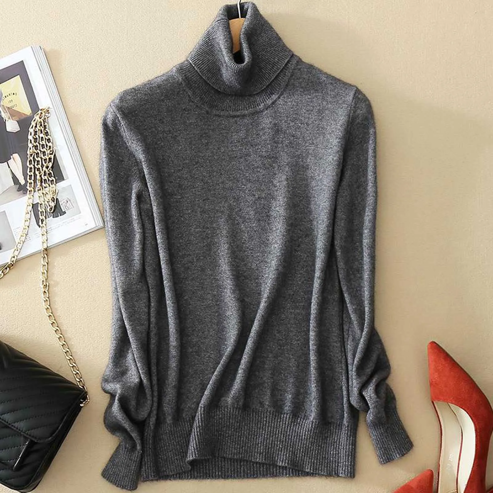 Autumn Winter Basic Slim Soft Solid Color Turtleneck Sweater Pullover Women Casual Long Sleeve Chic Bottom Knitted Jumper