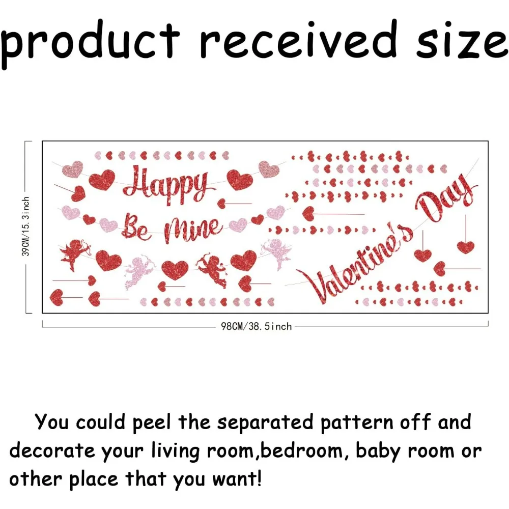 Happy Valentine's Day Wall Decals Red Pink Love Glittery Wall Stickers Heart Shaped Pendant Decor Window Cling Decals for