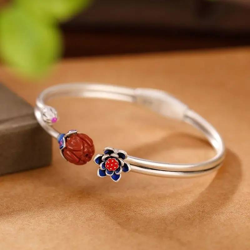 

Регулируемый браслет из стерлингового серебра 925 пробы с красным агатом Cloisonibles Lotus and Seedpod в этническом китайском стиле, винтажный счастливый браслет для женщин