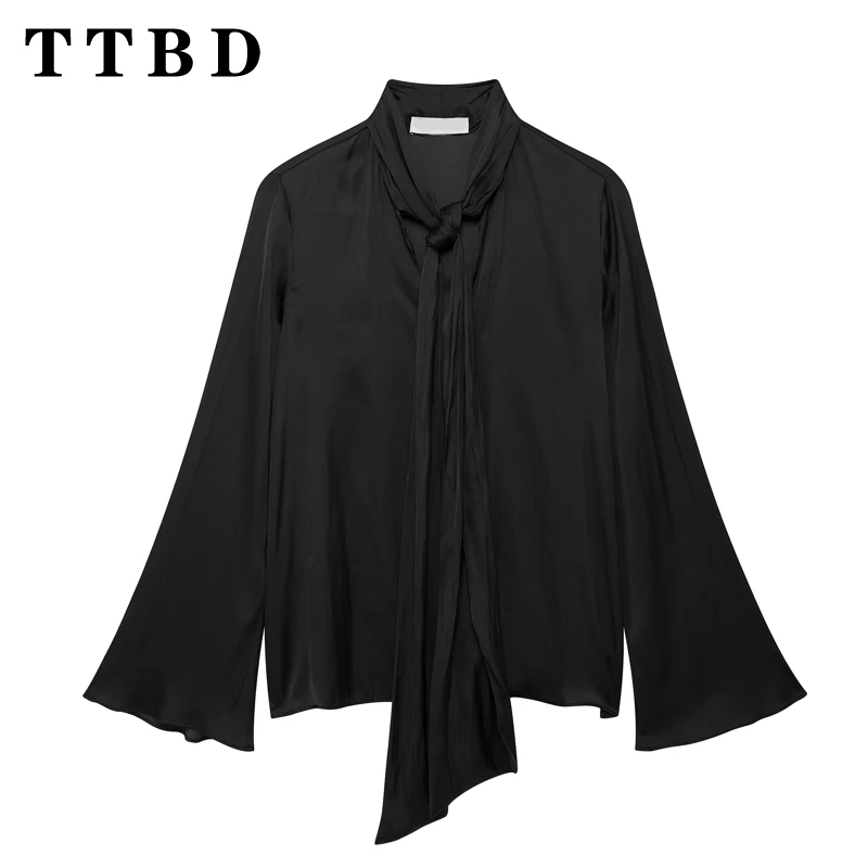 TTBD Woman's 2024 Autumn New Fashion Satin Long Sleeve Jumper Ladylike Chic V-Collar Shirt RUFFLES Blouses Solid Color Top