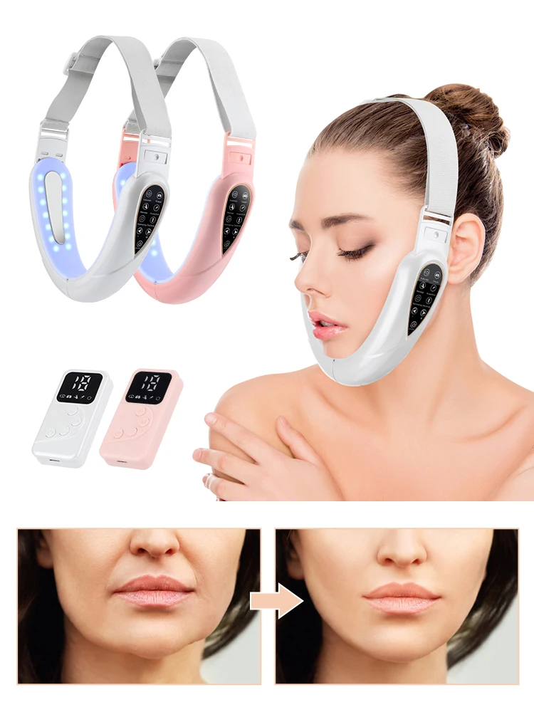 Elektrisches Gesichtsmassagegerät, Mikrostrom-V-Gesichtsstraffungsgerät mit Fernbedienung, 5-Farben-LED-Lichttherapie, 15 Intensitätsstufen, faltbares V-förmiges Design, Typ-C-Ladefunktion
