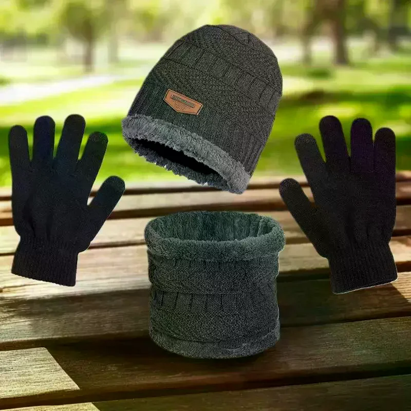 3-Piece Winter Men's Hat Set Scarf Gloves And Neck Warmer All In One Fleece-Lined Knitted Hat