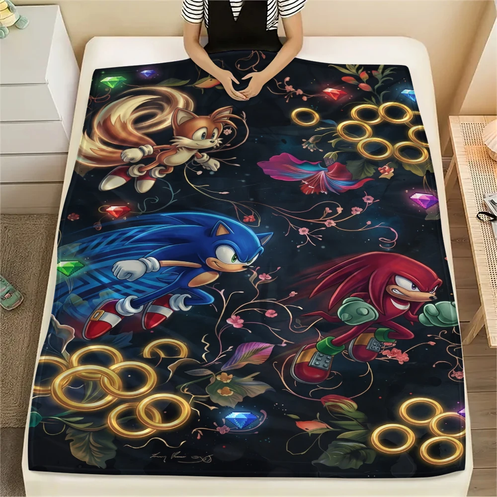 Cartoon Sonic Printed Flannel Blanket Warm Comfortable Throw for Bed Couch Sofa Picnic Travel Essential Game Fans Gift-Xin