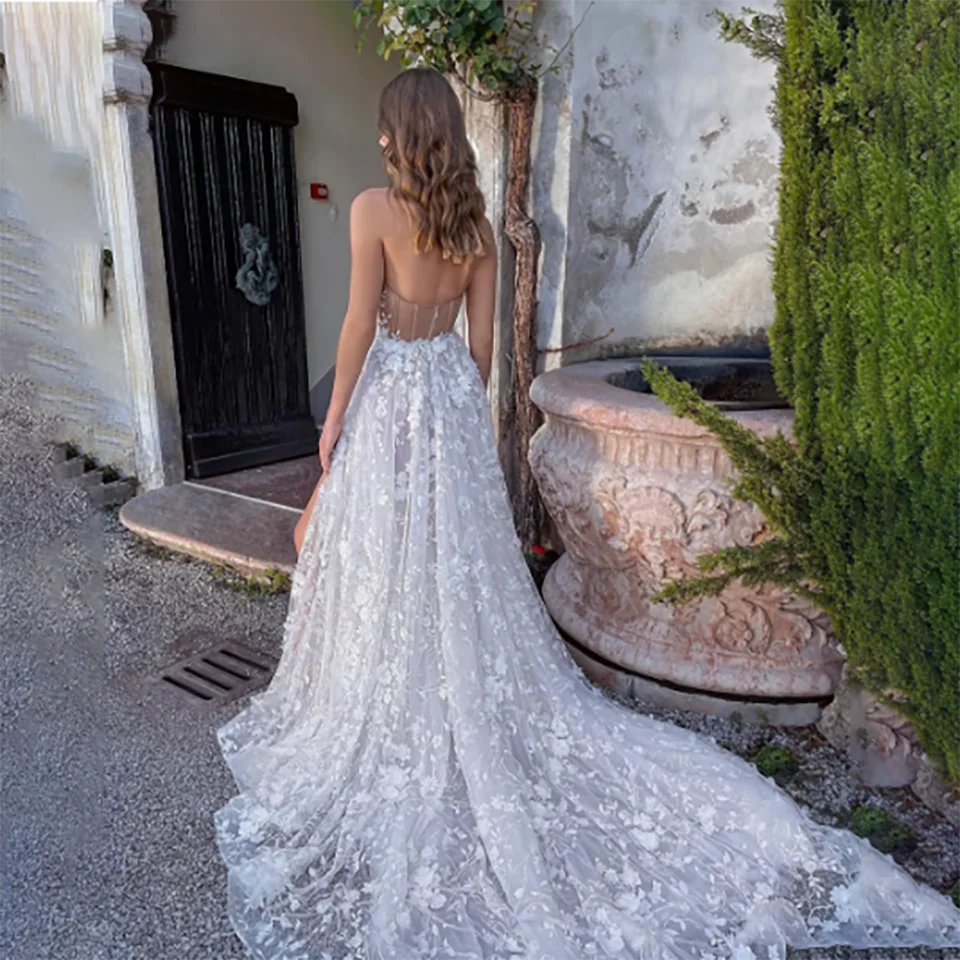 Elegantes vestidos de casamento linha A para mulheres, fenda alta, cintas de espaguete, apliques de renda, costas abertas, vestido de noiva, 2023