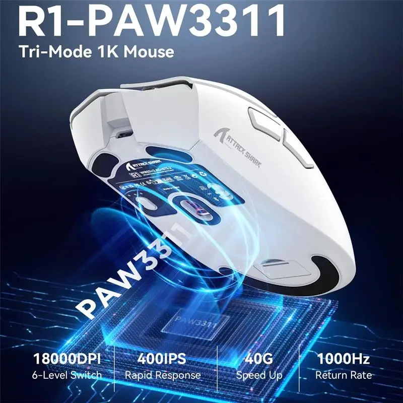 Ratón Bluetooth Attack Shark R1, 18000dpi,1000Hz,PAW3311, conexión trimodo, Macro Gaming