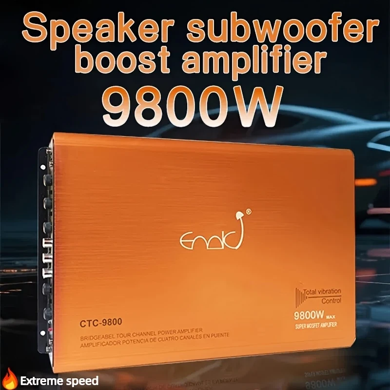 9800W 4-channel car audio amplifier - high-power stereo system with 4-port bridge design, 36V safe operation, durable aluminum a