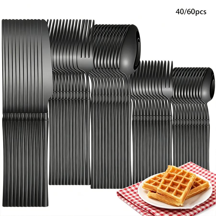 40/60-Piece Black Stainless Steel Cutlery Set, Mirror Polished, Dishwasher Safe, Includes Dinner Forks, Steak Knives, and Soup S