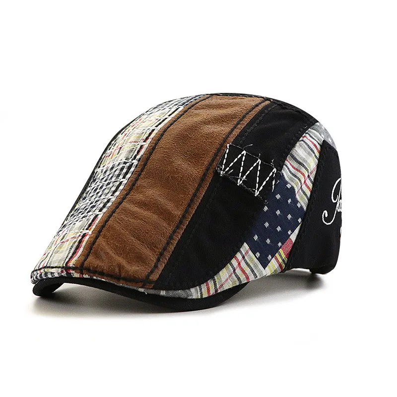 Retro Plaid Patchwork Berets Hat for Women Men Twill Herringbone Outdoor Hat Flat Cabbie Ivy Cap Peaked Hat Gatsby Newsboy Cap