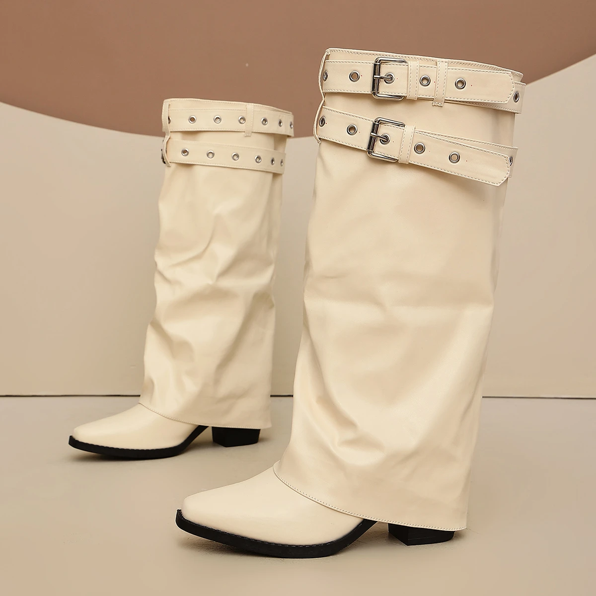 Punk-Gürtelschnalle, schwarze Overknee-Stiefel für Damen, Herbst/Winter, Lackleder, klobige High-Heel-Stiefel, Damen-Overknee-Stiefel in Übergröße 43 – Detail 2