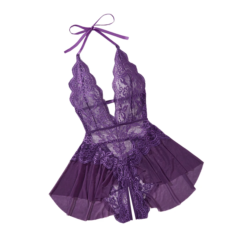 Women's Sexy See-Through Lace Flower Print Bodysuit Teddy Doll Dress Backless O…