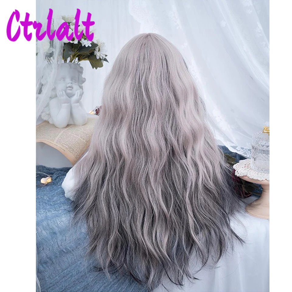 Classic Style Long Synthetic Wigs Ombre Black to Grey Curly Wavy Wig Hairs with Bangs for Ladies and Girls Daily Use Party