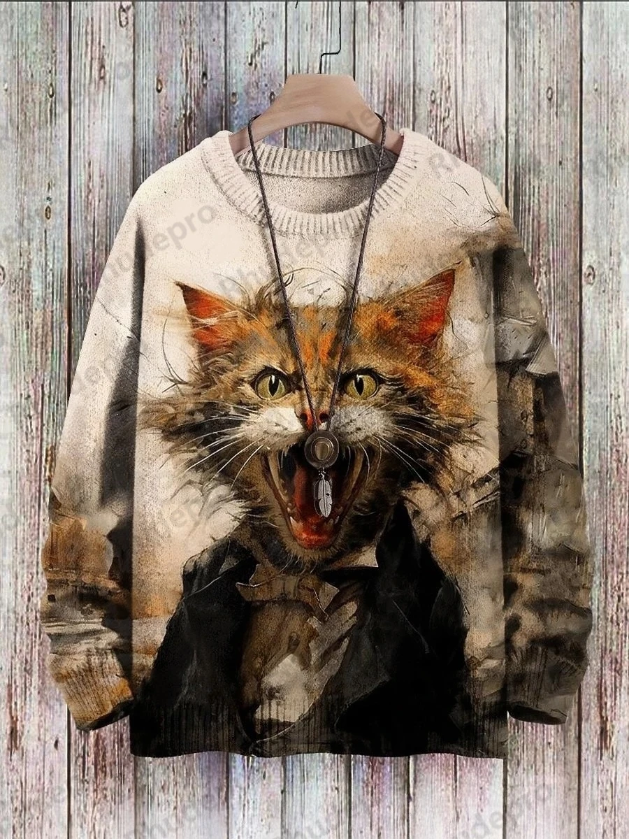 2027 Cute Black Cat Play The Piano Art Pattern Print Casual Knit Pullover Sweater Old Money Clothes Man