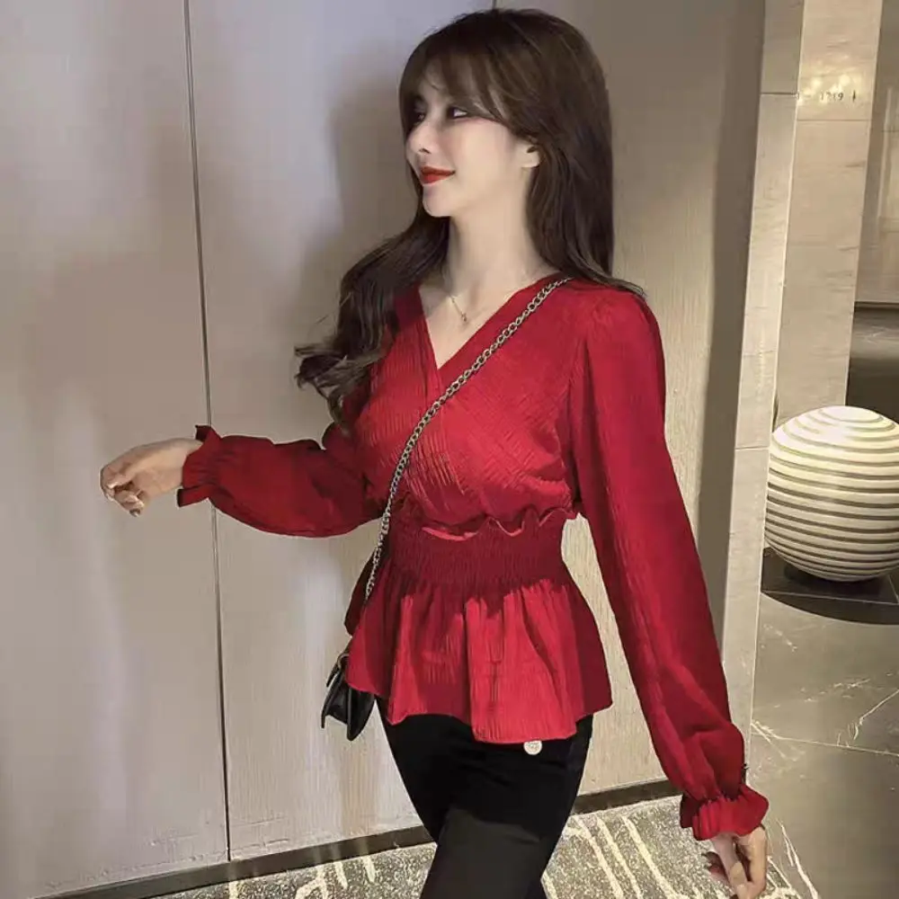 

Elegant V-neck Chiffon Thin Shirt Slim Fit Solid Color Chiffon T Shirt Women Ruffled Edge Long Sleeve Sweet Crop Blouse Female
