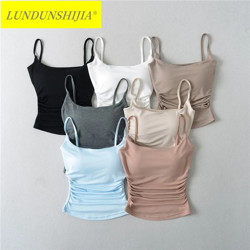 LUNDUNSHIJIA 2024 estate donna cotone pieghe canotta Top moda donna con pettorina ritagliata Top 7 colori