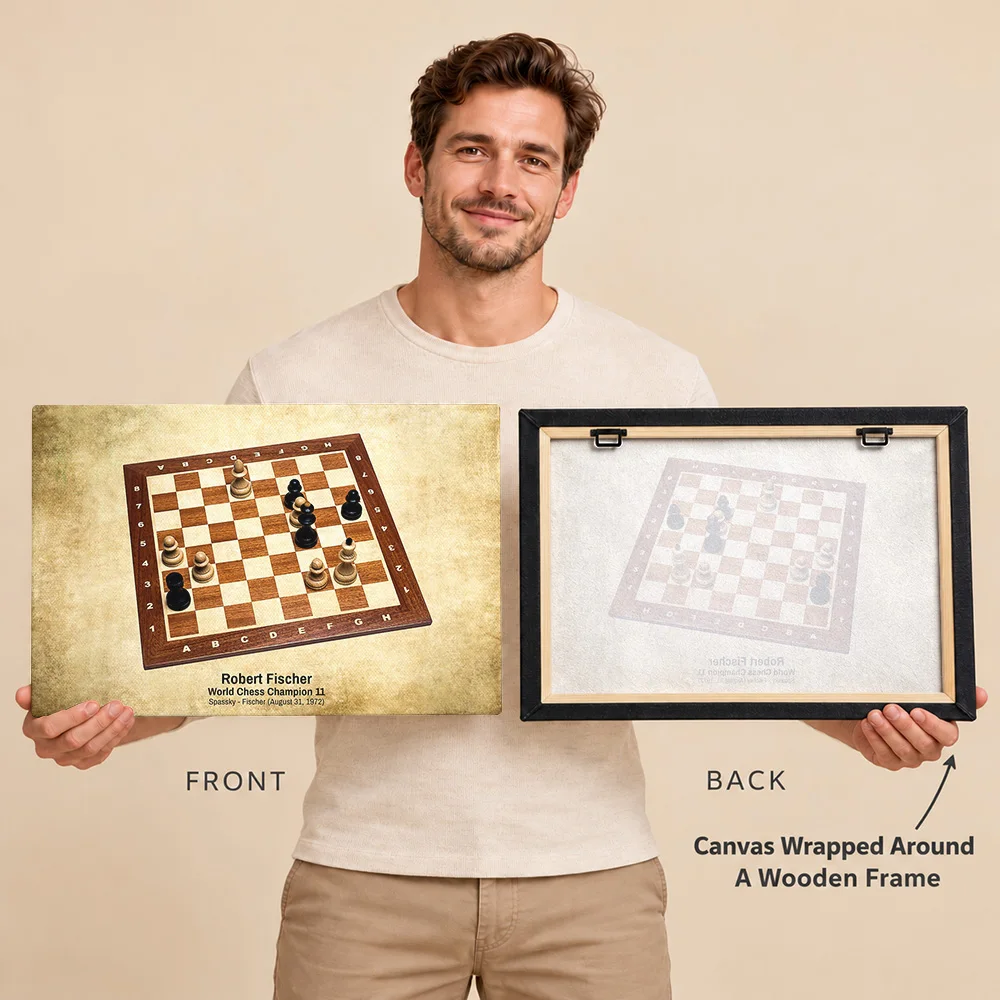 Bobby Fischer Chess Champion Canvas Print With Wooden Frame Personalized Photo Vintage Annotated Board Wall Art For Game Room